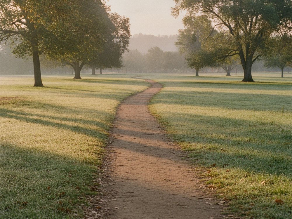A quiet footpath through parkland in early morning light