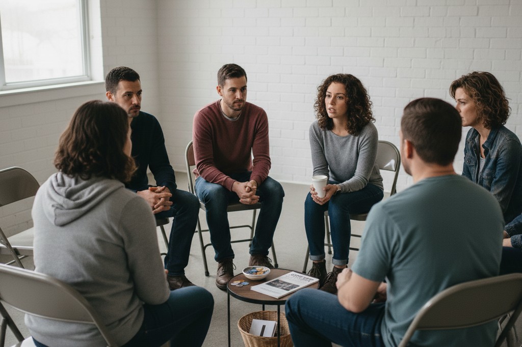 Group of people in a narcotics anonymous meeting.