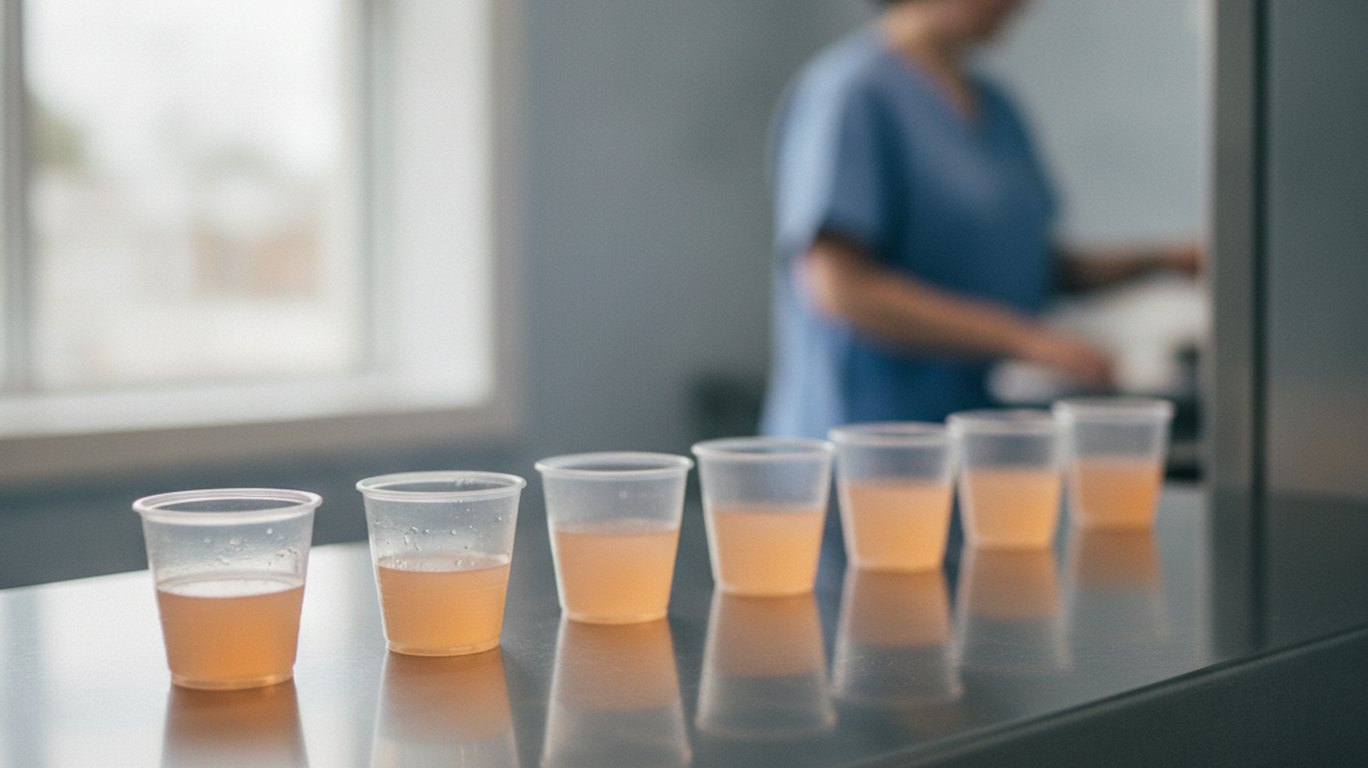 Dosing cups lined up on the counter of a methadone clinic